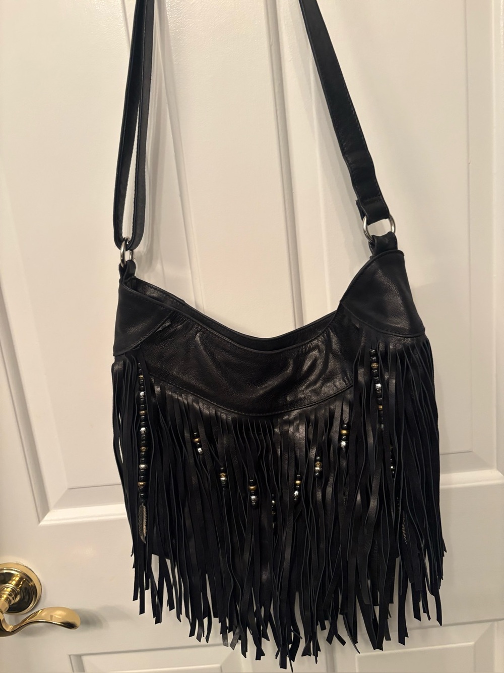 Fringed Black Leather Shoulder Bag - Women's Crossbody
